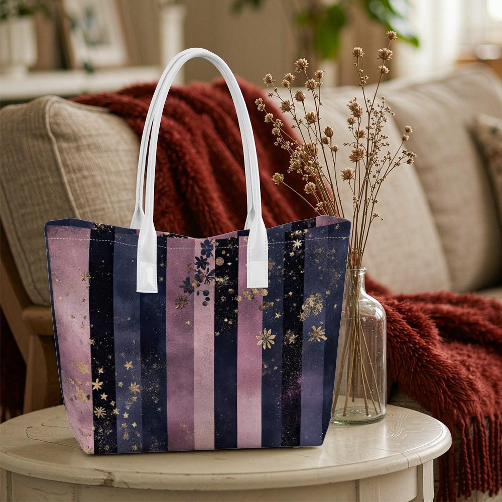 Purple Striped Tote Bag with Gold Star Print Elegant Fashion Casual Large Capacity Ladies Shoulder Handbag for Daily Shopping Work Use