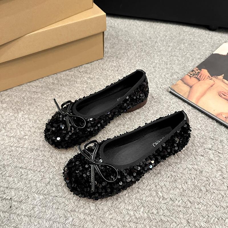 Flat-bottomed temperament silver sequined single shoes fairy shoes 2024 autumn new French black gentle evening shoes