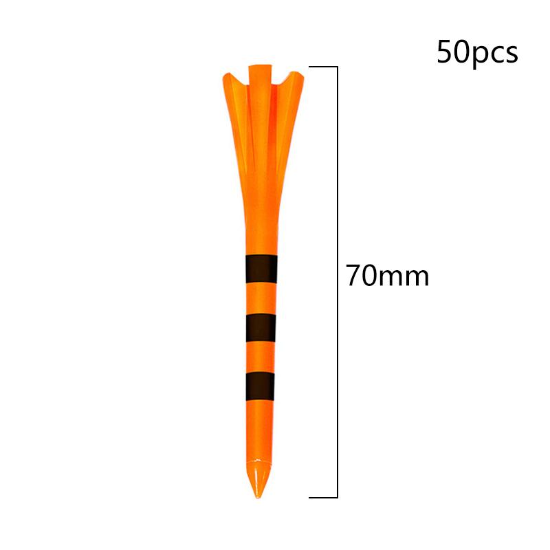 

50 шт. Пластиковые неломающиеся гольф-тишки с 5 зубьями и полосатыми маркерами 83 мм 70 мм Длина Держатель для мяча Низкое трение Меньшее сопротивление 70mm оранжевый
