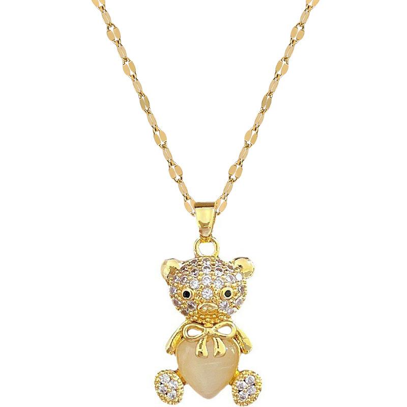Light Luxury Temperament Gorgeous Full Diamond Cat'S Eye Bear Necklace Female Versatile Collarbone Chain Titanium Steel Chain