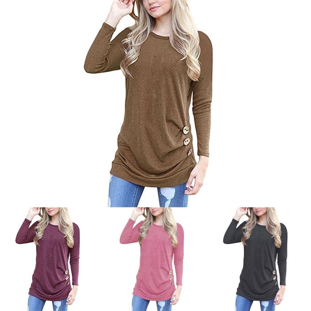 Fashion Women Long Sleeve Casual Blouse Stylish Tunic With Brown Button Accents