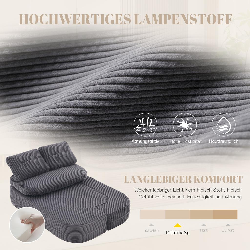 2-in-1 Slaapstoel Fluweel, Bank met Verstelbare Rugleuning, Samengeperste Vloerbank, Verstelbare Armleuningen, 2 Bekerhouders, Rugleuning, Diepe Zitting, Donkergrijs
