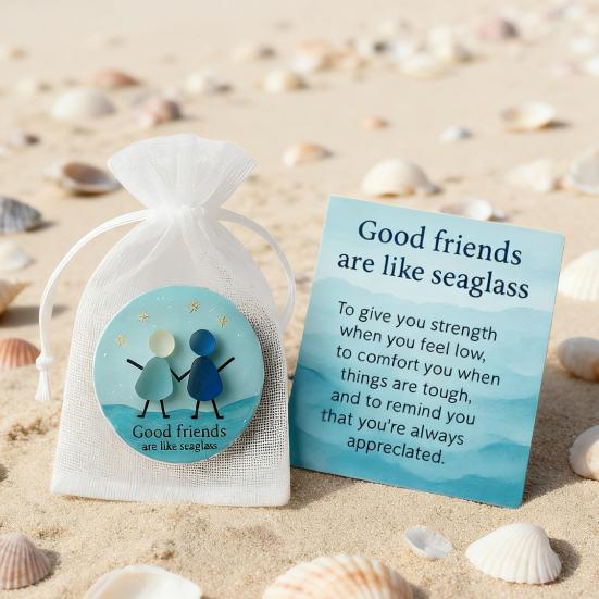 Friendship Sea Glass Christmas Ornament Inspirational Card with Acrylic Charm In Mesh Bag Meaningful Gift for Best Friends Lasting Bonds