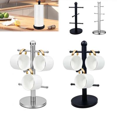Silver Mug Tree Stand 6 Hook Cup Hanging Display Durable Coffee/Tea Cup Rack  for Countertop