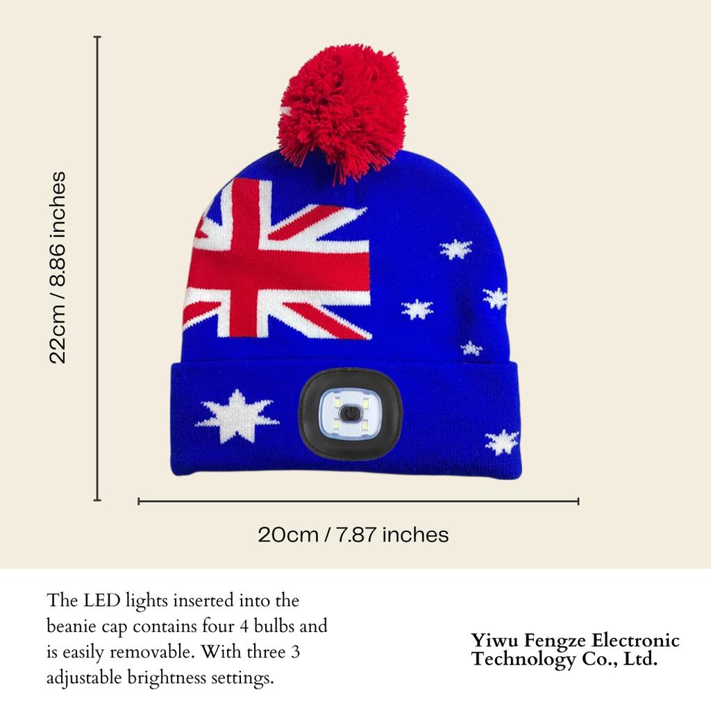 Australia Flag LED Light Beanie with Pom Pom Factory Supply Custom Logo Knit Hat for Winter Outdoor OEM ODM LED Beanie Australia