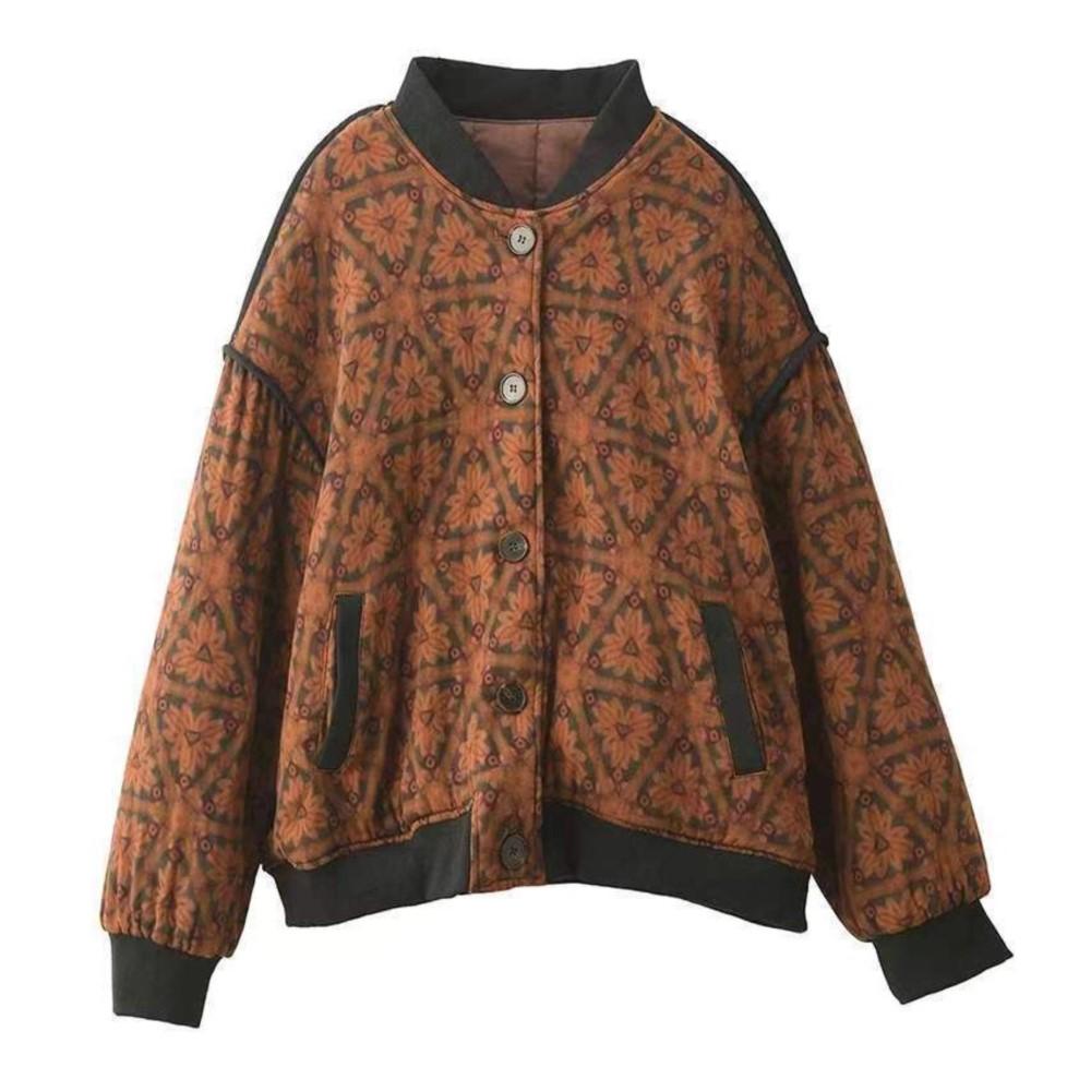Johnature Women Vintage Print Floral Jackets Button Long Sleeve Winter Coats Warm Winter Casual Female Jackets