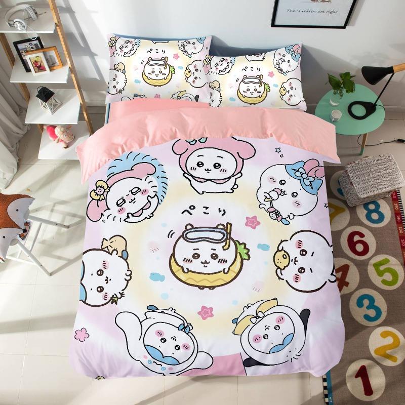 Cartoon Chiikawas Cute Themed Bedding Set Colorful Print Polyester Student Dormitory Bed Sheet Quilt Cover Kid Gift Home Textile