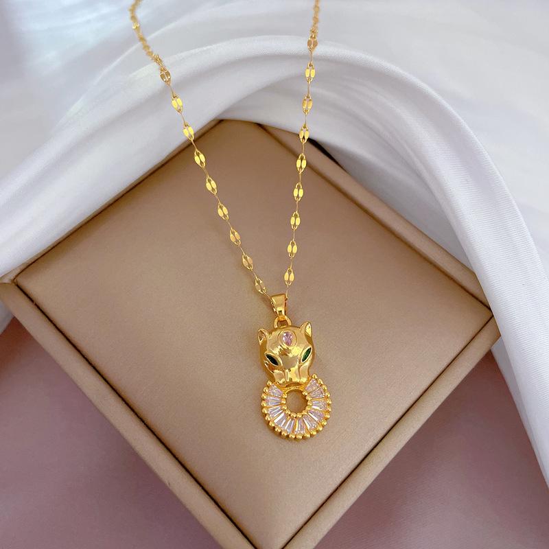 Titanium Steel Light Luxury Leopard Head Biscuits Zircon Light Luxury Design Versatile Korean Style Niche Design Live Necklace