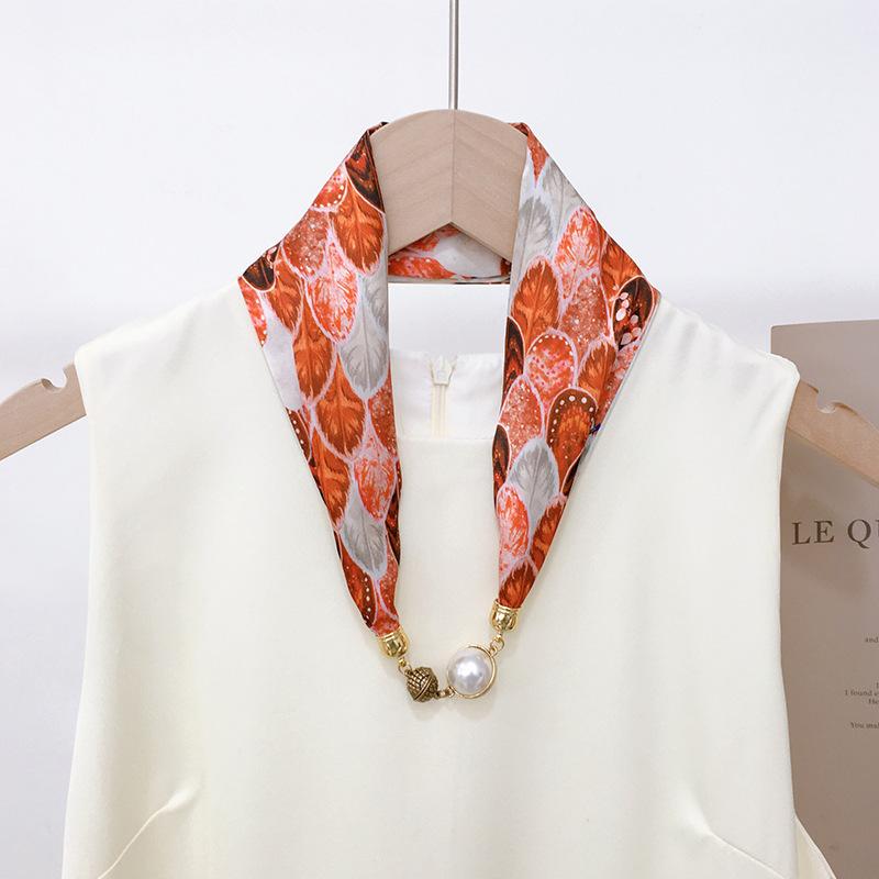 National Style Fragrant Cloud Yarn Magnetic Buckle Necklace Silk Scarf Women'S Summer Pearl Collarbone Chain Versatile High-End Scarf Neck Protection