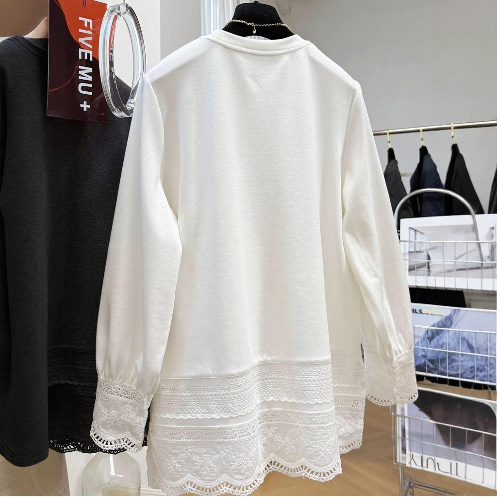 Korean Hollow Lace Patchwork Long Sleeve T-shirt - Women's Autumn/Winter Loose Style Base Layer