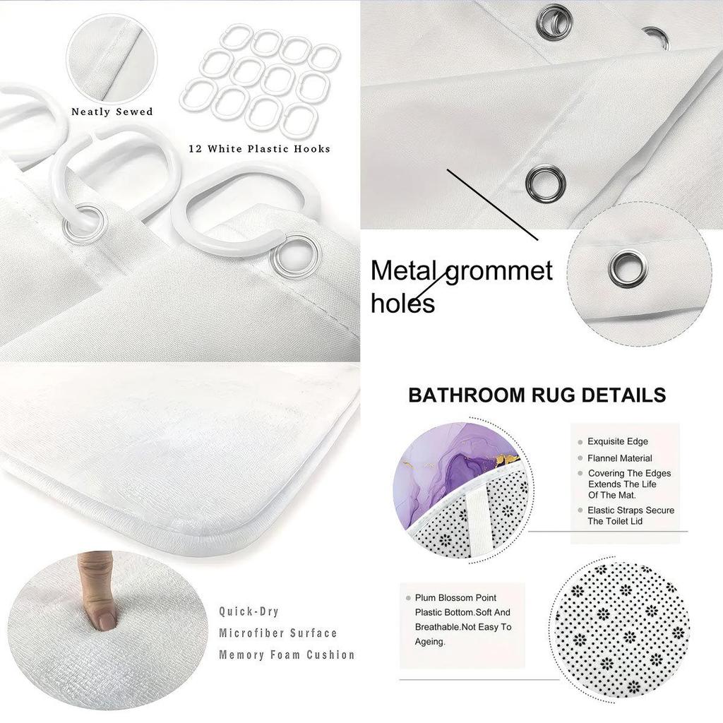 Waterproof Marble Pattern Polyester Shower Curtain Set - Bathroom Decor