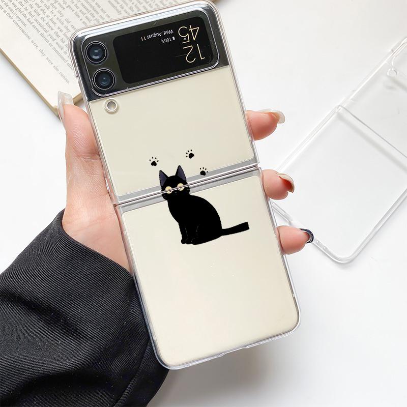 Funny Black Cat Fashion Phone Case For Samsung Galaxy Z Flip 3 4 5 6 7 Hard Folding Z Flip4 Clear PC Cover Protector Gift