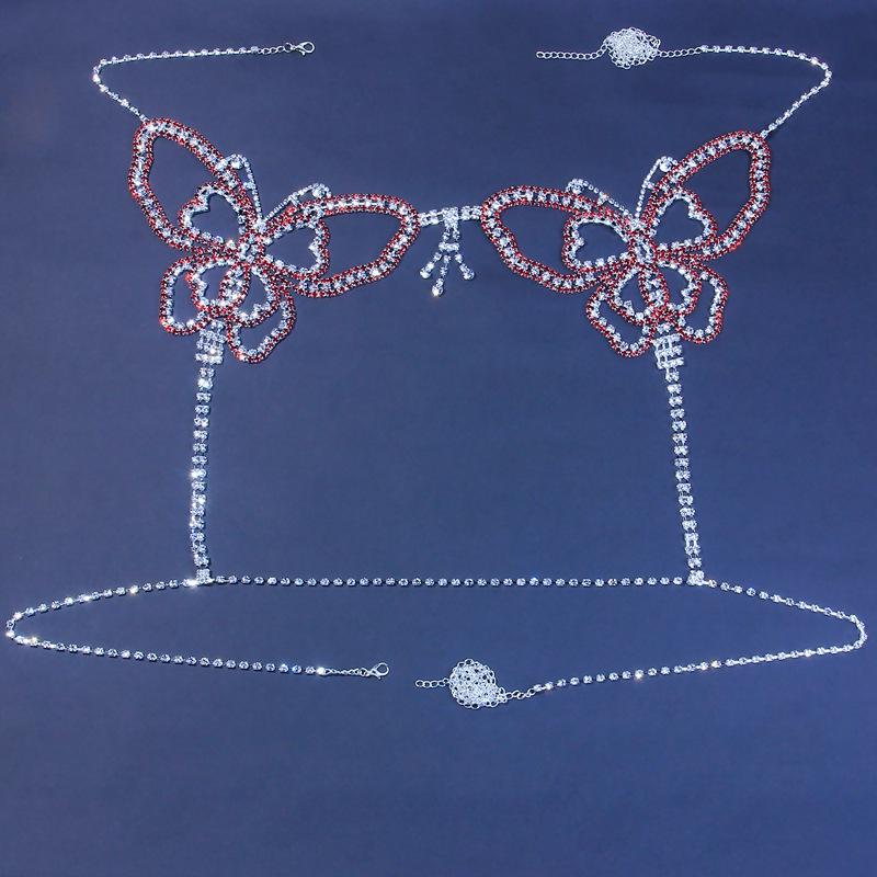 Sexy tělový řetízek s motýlem a kamínky pro ženy Klubové doplňky Luxusní spodní prádlo Bling sada podprsenky a kalhotek Bikini Šperky