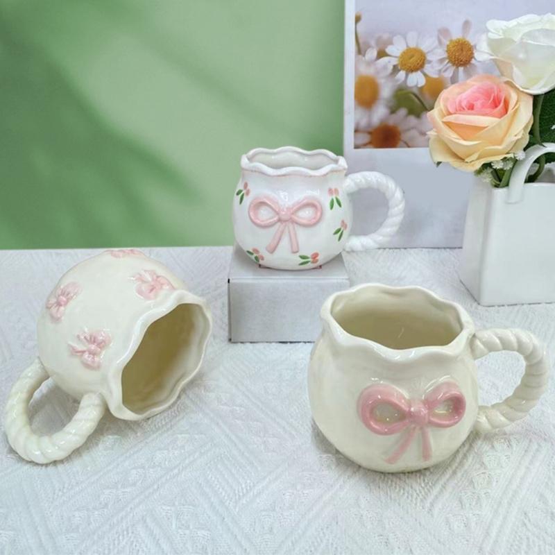 Delicate Ceramic Coffee Mug With Bows Portable Elegant Office Drinkware Dishwasher Safe Tableware Kitchen Tool