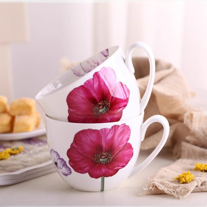600ml Tasse aus Knochenporzellan mit großem Fassungsvermögen - Blumige Keramiktasse für Milch, Haferbrei, Frühstück, ofen-, mikrowellen- und spülmaschinengeeignet