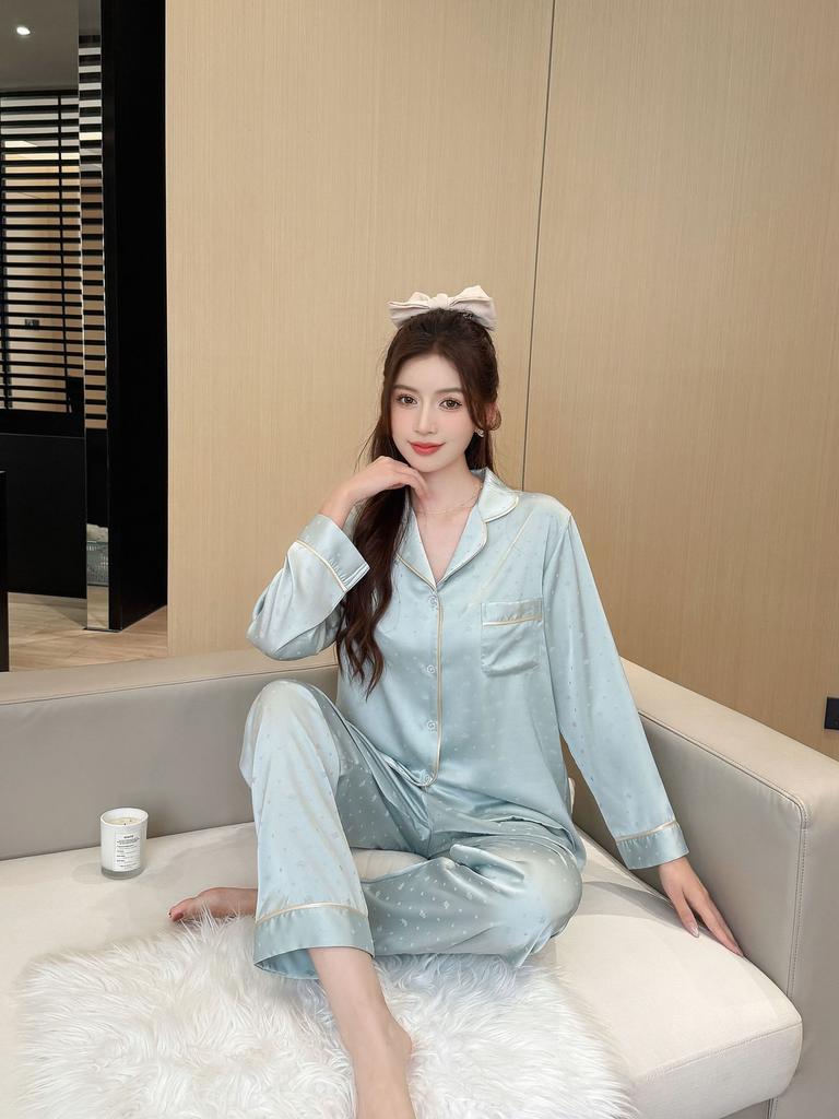 Pajamas Women's Spring and Autumn Ice Silk Long Sleeve Love Jacquard Homewear Summer Thin Air Conditioning Clothing Set Autumn 1101