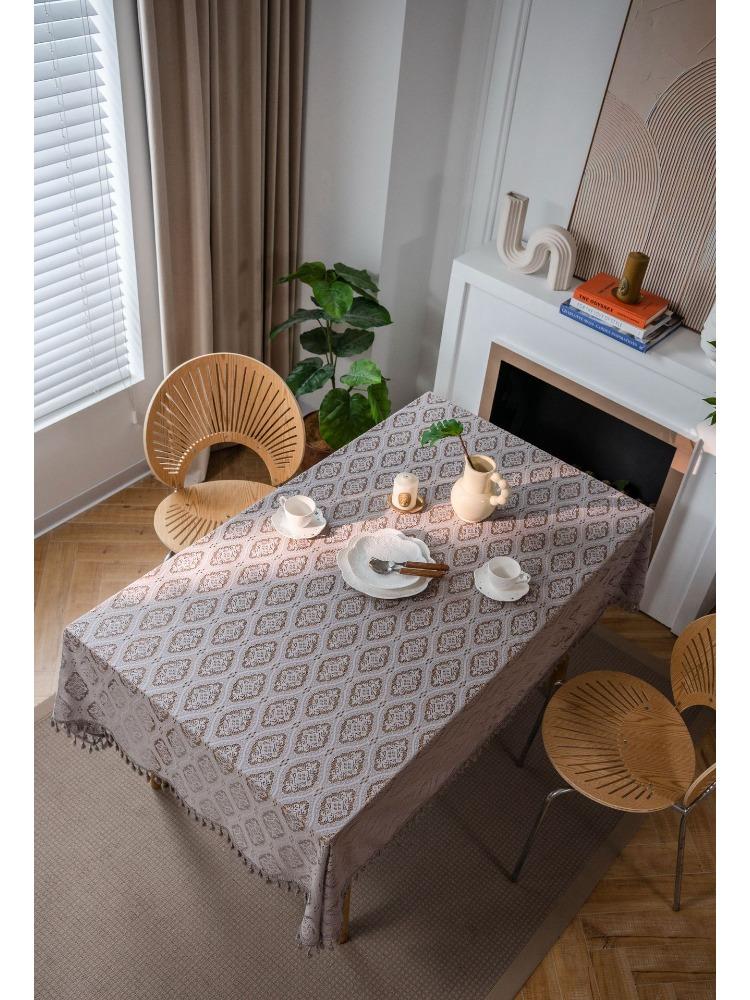 Bohemian Style Beige Tassel Tablecloth, American Pastoral Ins Hollow Crochet Rectangular Woven Table Mat, Geometric Pattern