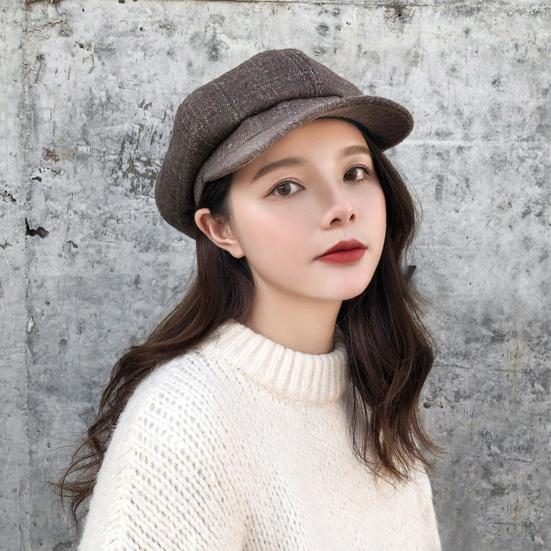 Vintage Men Women Autumn Winter Plaid Warm Beret Hat Wide Brim Octagonal Cap