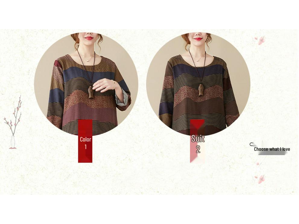 Artistic Temperament Cotton Linen Round Neck Long Sleeve Casual Dress for Women