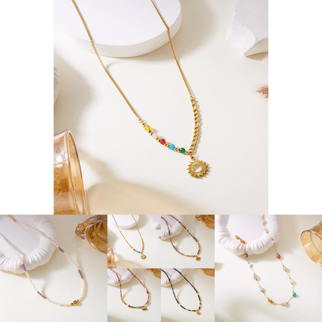 Sunflower Pendant Necklace In Stainless Steel With Natural Turquoise Stones For Summer Fashion