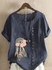 Women's Fashion Feather Flower Print Casual Cotton Linen Short Sleeve Round Neck T-shirt Shirt Leisure Loose Summer Blouse Tops