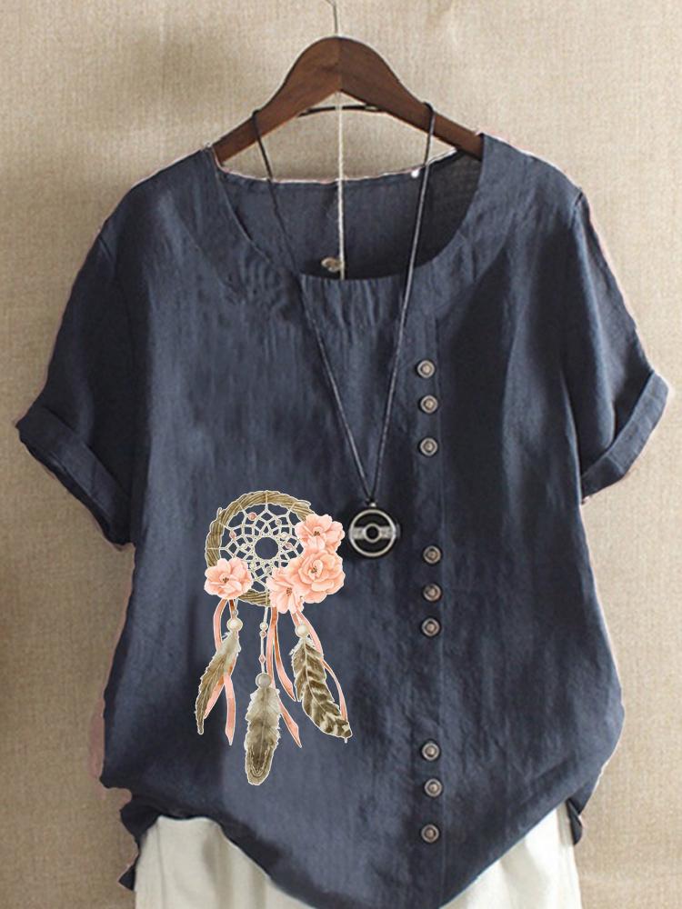 Women's Fashion Feather Flower Print Casual Cotton Linen Short Sleeve Round Neck T-shirt Shirt Leisure Loose Summer Blouse Tops