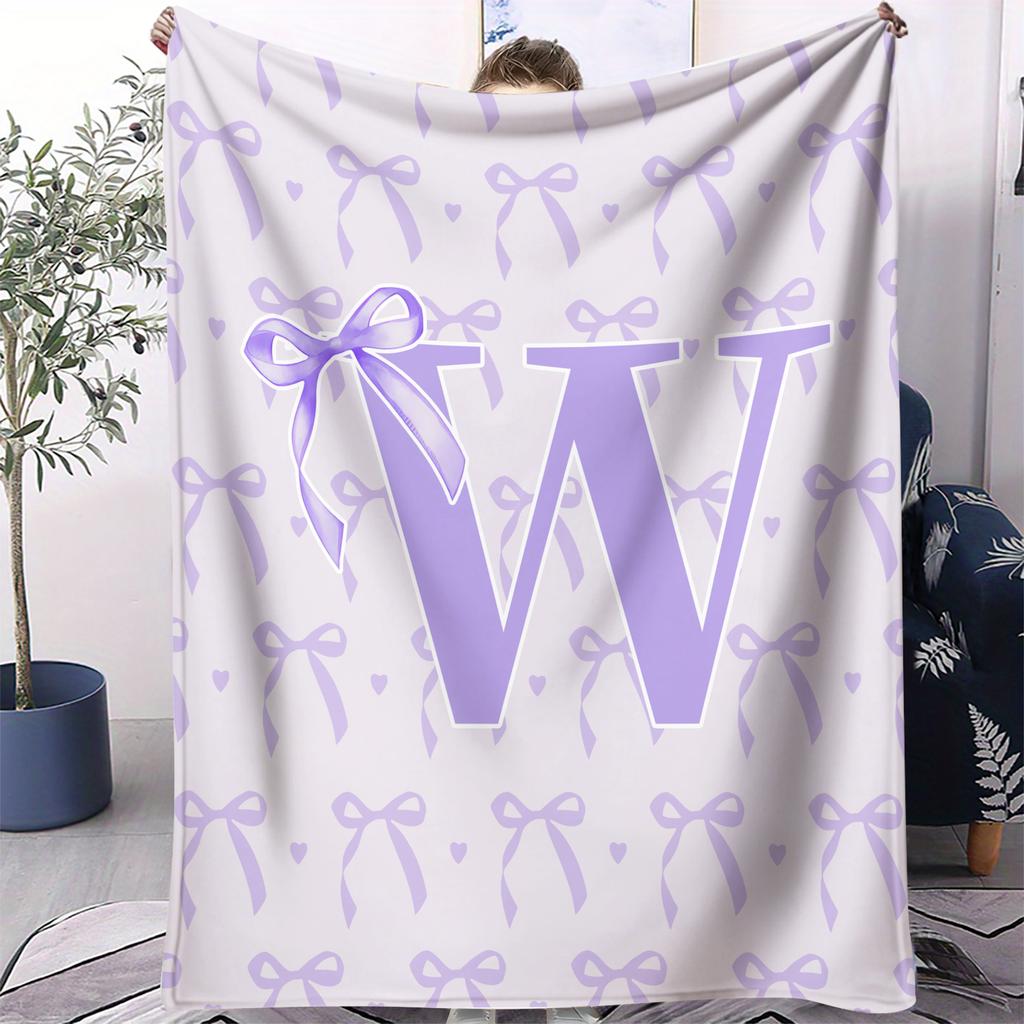 Soft Purple Bow Print Letter U to Z Blanket Warm Cozy Portable Flannel Blanket for Home Camping Travel Gift for Girls Boys