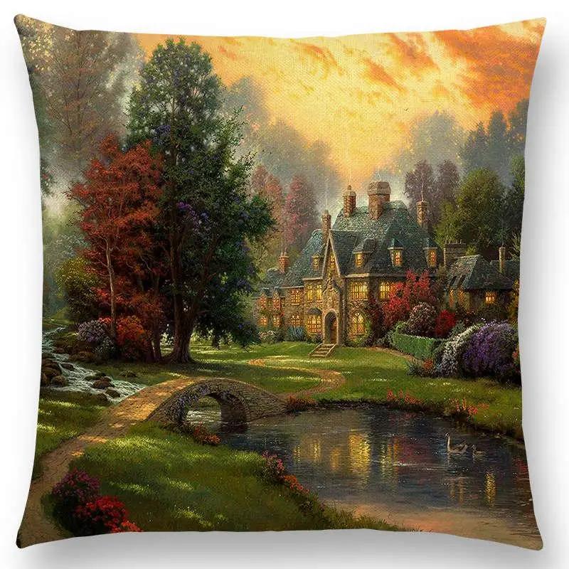 Newest American Countryside Oil Painting Cushion Cover Beautiful Scenery The Castle Lighthouse Sofa Throw Pillowcase