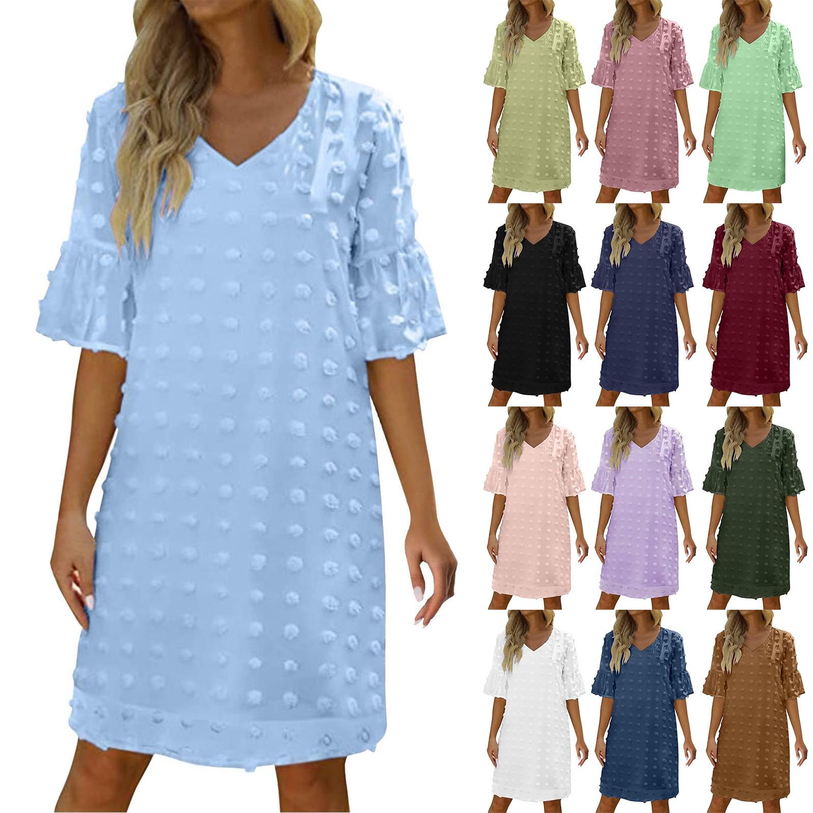 

Women s Summer V-neck Solid Color Dress Chiffon Polka Dot Flowy Short Dresses M