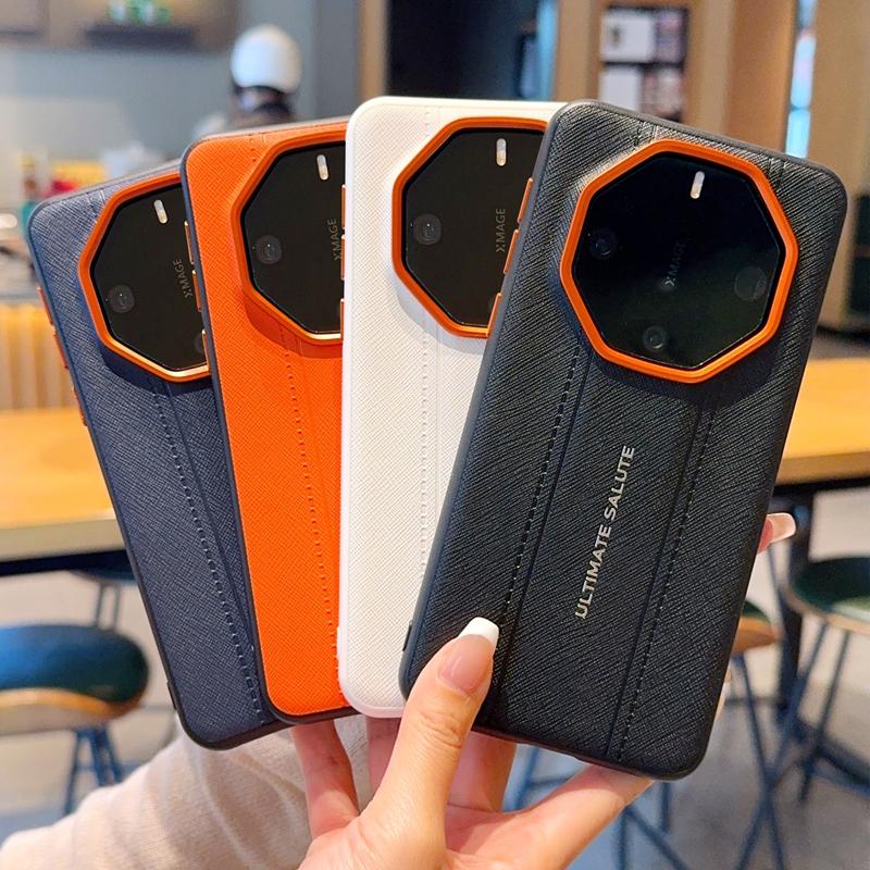 Luxury Cross Texture Leather Design Case For Huawei Mate 60RS 50RS 40RS Slim Orange Camera Ring Shockproof Cover
