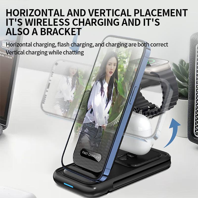 Foldable Multi-Functional Wireless Charging Stand with Built-in Cable - 15W Four-in-One Fast Charger for Mobile Phones