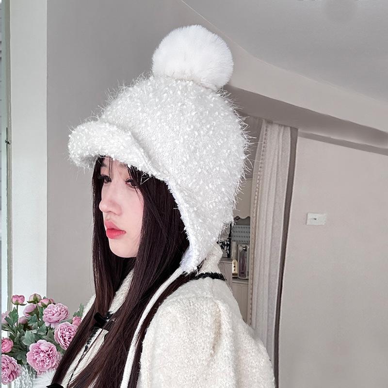 

Winter color plush duck tongue baseball cap fashion hairball cap children show face small ear protectors knitted wool cap