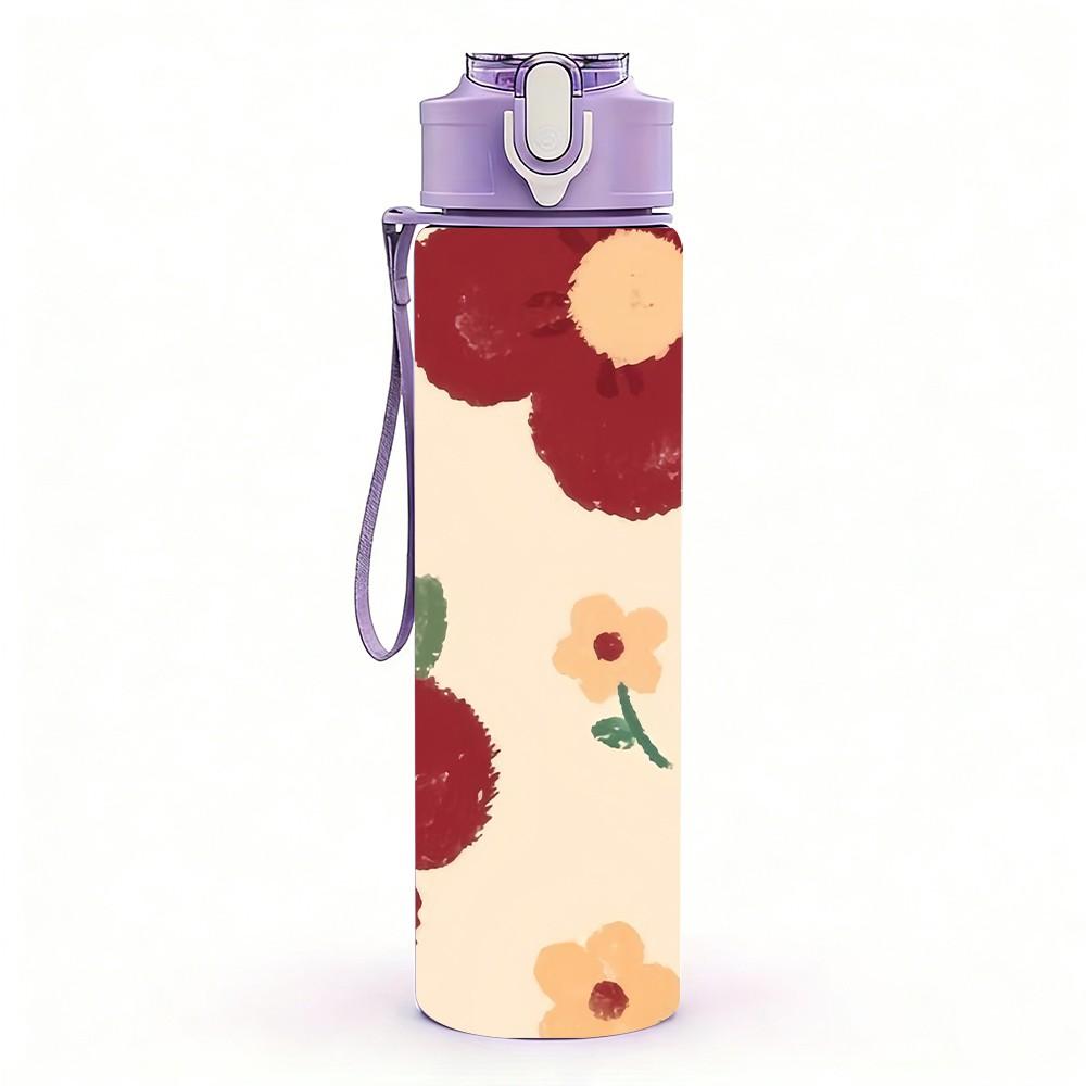 1PC Large Red Vintage Flower Background 750ml Color Plastic Sports Water Bottle Leakproof Flip Straw Lid Suitable for Sports Office Home Use