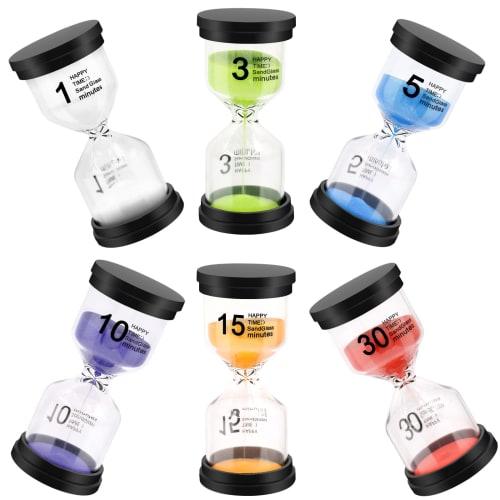 

Colorful Hourglass Timers, 1/3/5/10/15/30 Minute Sandglass Timers for Games, Classroom, Home, Office, and Cooking (6-Pack)