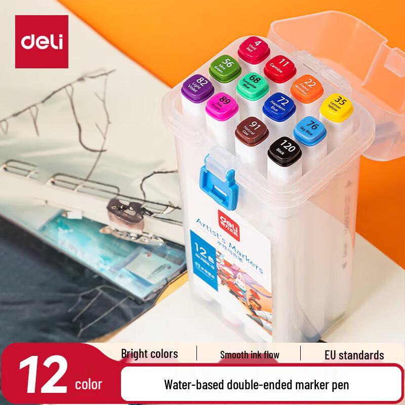 Deli Water-Based Double-Ended Marker Pen Set, 12 Colors, 6 Packs