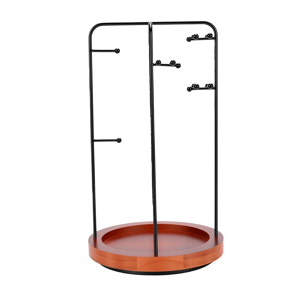 Rotating Jewelry Stand Iron Pine Wood Base Earring Display Holder for Necklace Bracelet Watch Black