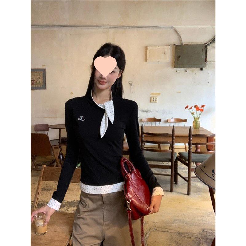 Women s 2025 Autumn Black Long Sleeve Slimming French Faux Layered Top M чёрный