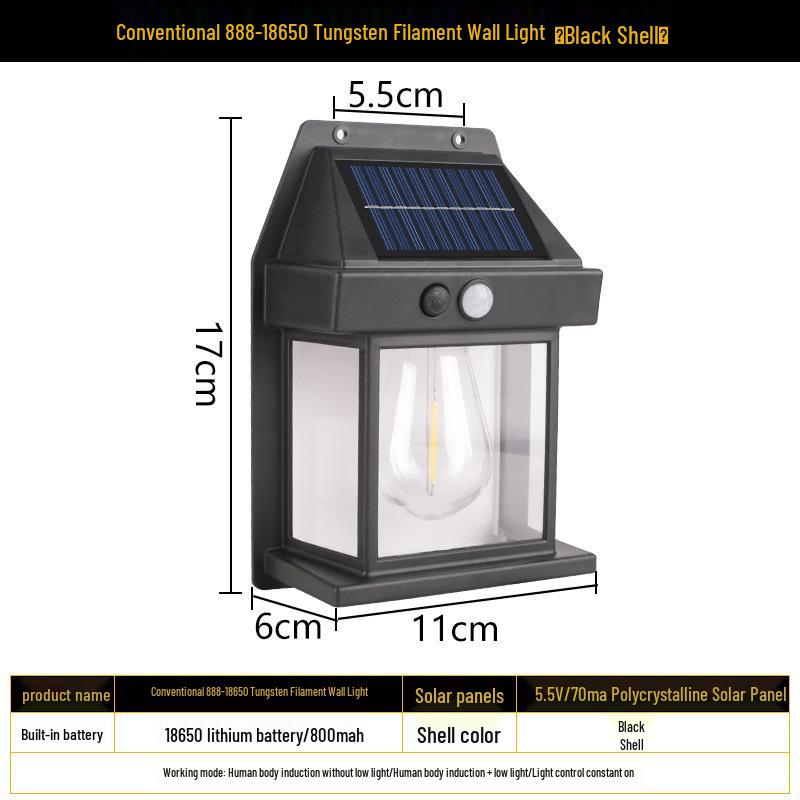 Solar Outdoor Wall Light with Human Body Sensor, Three Modes, Tungsten Filament, Waterproof for Garden or Villa Night Lighting.