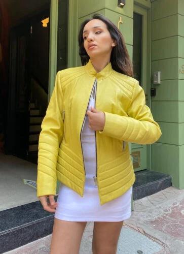 

Желтая женская кожаная куртка ручной работы, стильная, повседневная, из натуральной овчины, мотоциклетная 3XL