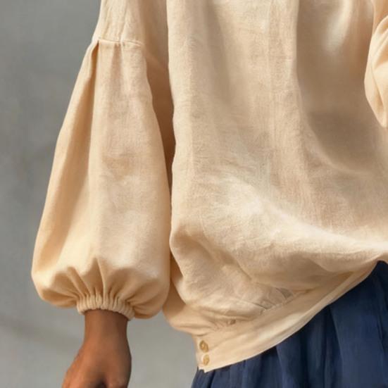 Dam Skjorta Rund Hals Puff Långa Ärmar Asymmetrisk Fåll Sidoknappar Lös Passform Casual Sommar Toppar Daglig Användning