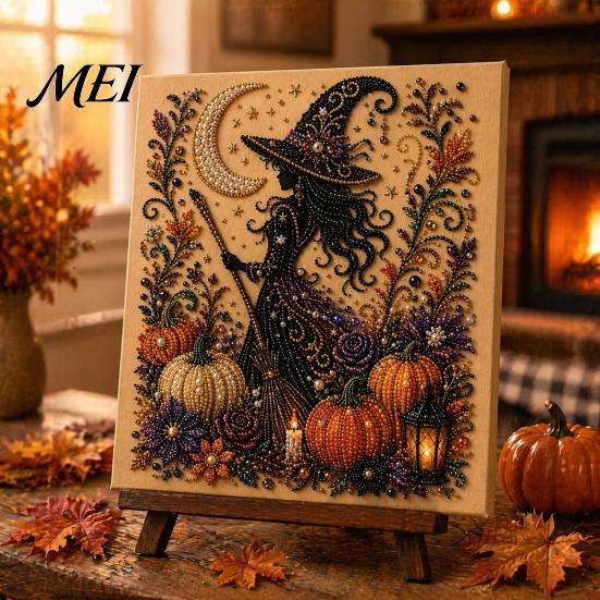 Handmade Holiday Gift Ideas Halloween Faux Pearl Art DIY Kit, Spooky Cute 3D Beads Painting Crafts, Mosaic Crafts for Adults Gothic Ghost Pumpkin Cat