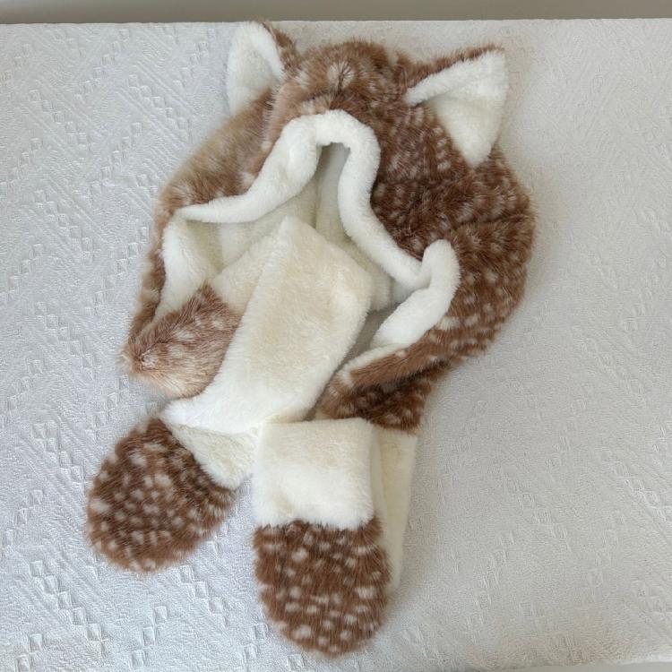 Furry Plush Winter Caps with Animal Ear Funny Ear Scarf Hat for Adult Teens Soft and Warm Thicken Trapper Hat for Outdoor