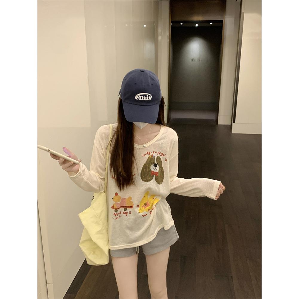 Thin Korean Printed Long Sleeve T-Shirt Women's Spring Loose Casual Large Size Sunscreen Blouse ins Bottom Top