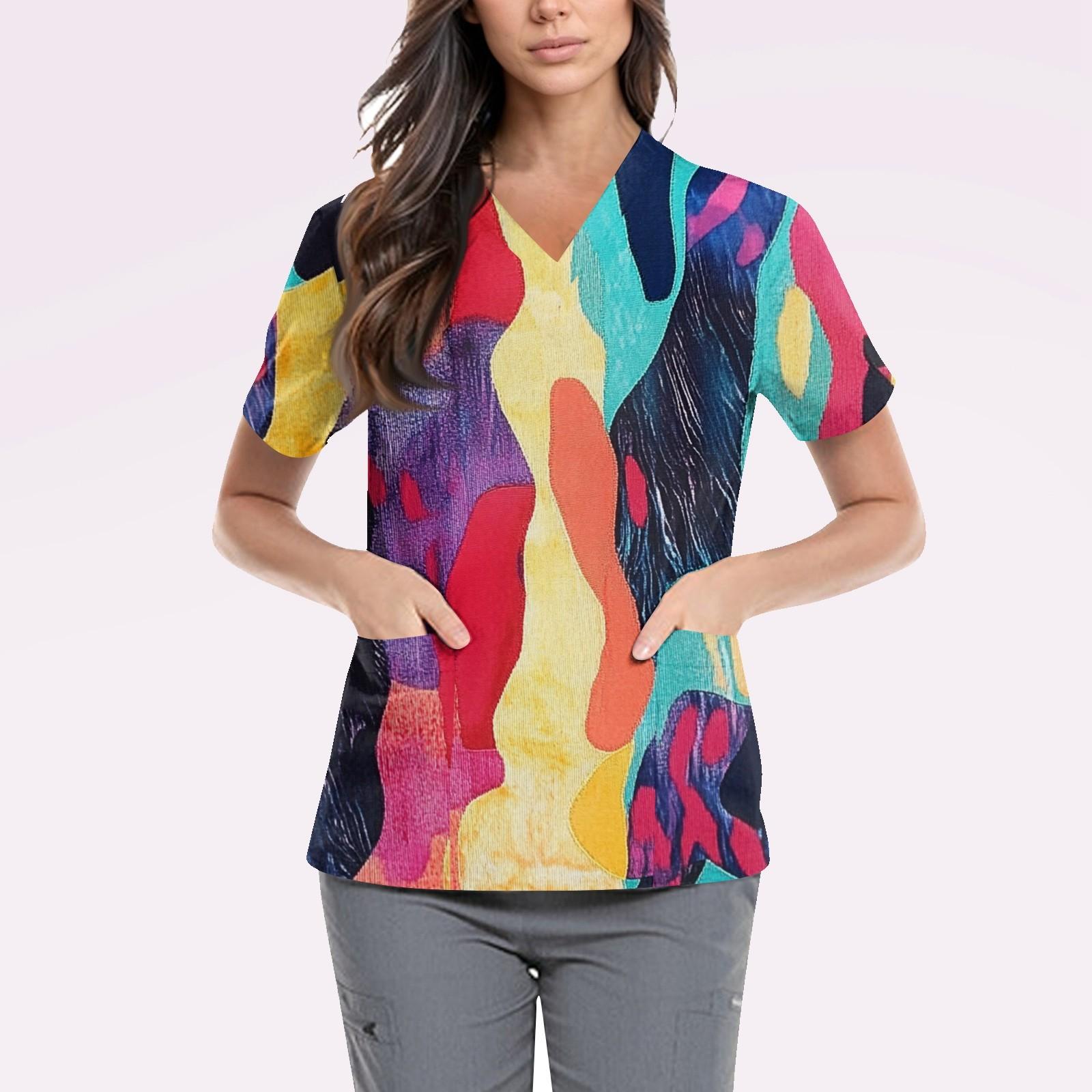 

Женская симпатичная принтованная рабочая одежда с V-образным вырезом, двухслойными карманами, базовым коротким рукавом, пуловером XL жёлтый