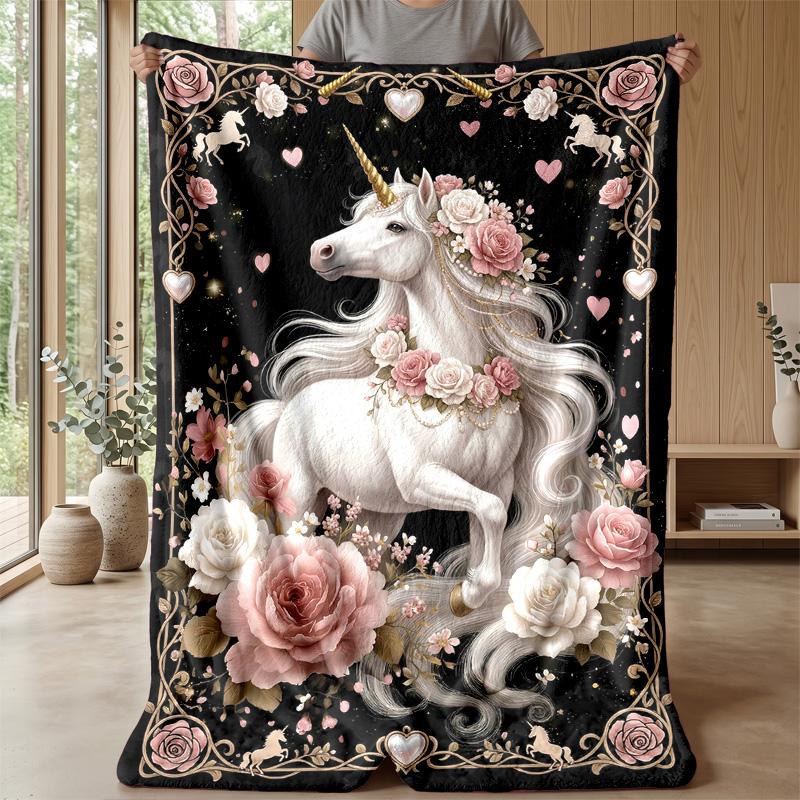 Elegant Black Unicorn Theme Blanket Lightweight Warm Flannel Blanket Decorative Throw Blanket for Home Decoration