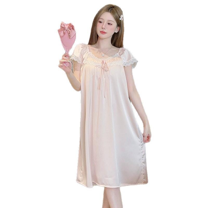 French Court Style Pajamas Women's Spring and Autumn Ice Silk Long Nightgown with Chest Pad Summer Pure Desire Style Sexy Lace Long Dress
