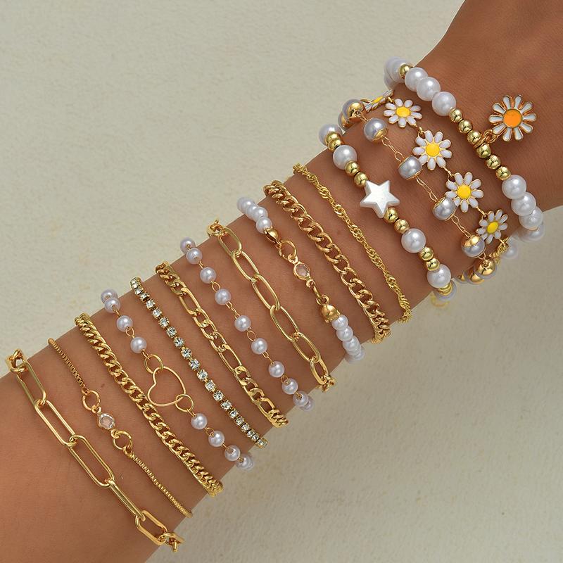 

15pcs Bohemian Daisy Flower Star Bead Faux Pearl Layered Bracelets Set For Women Gold Color Summer Beach Daily Wear Jewelry Gift