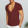 Men T-shirt Deep V Neck Solid Color Slim Fit Pullover Thin Workout Sweat Absorption Mid Length Sports Top Men Clothes
