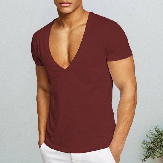 Men T-shirt Deep V Neck Solid Color Slim Fit Pullover Thin Workout Sweat Absorption Mid Length Sports Top Men Clothes