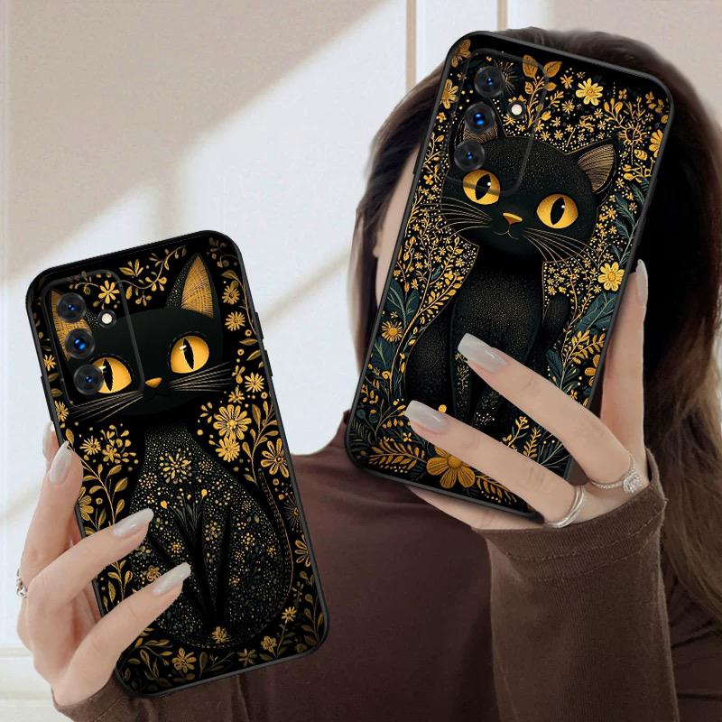 Flower Cat Black For Samsung S20FE S 21 22 23 FE 24 Plus 25 Ultra Galaxy M23 32 34 35 52 53 54 55 5G silicone soft phone case